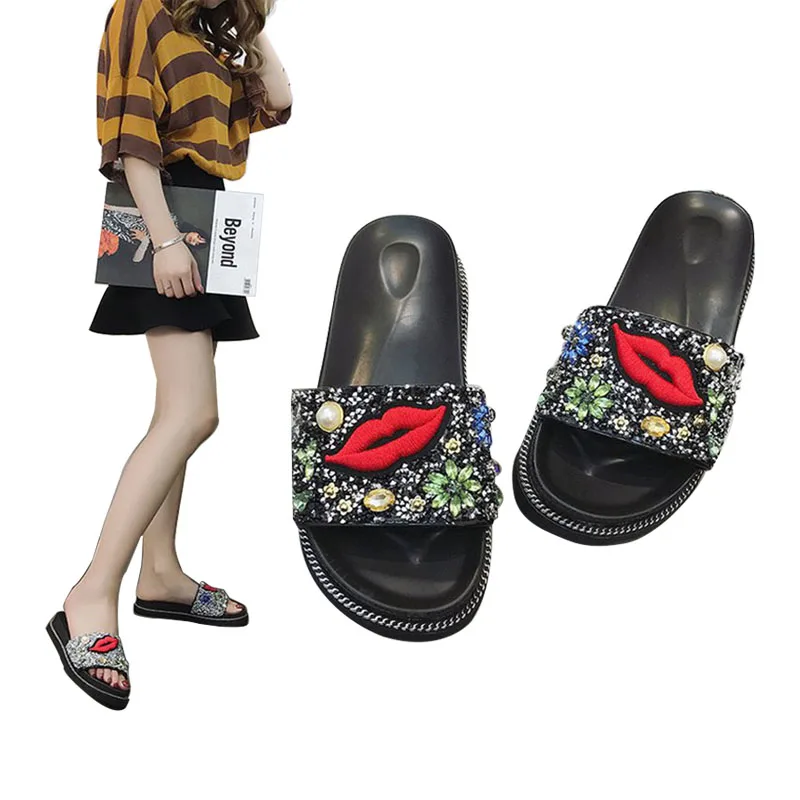 

Fashion Women's Shoes With Rhinestones Red Lip Print Outdoor Beach Slippers Sandals Flip Flops With Rhinestones Slides