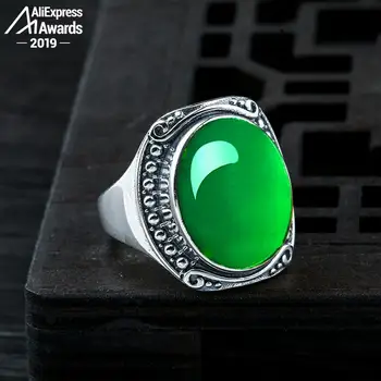 

12*16mm 6.18 Sale S925 Sterling Silver Australia Emerald Rings Jade moldevite Chinatown oriental Retro Chalcedony Jade