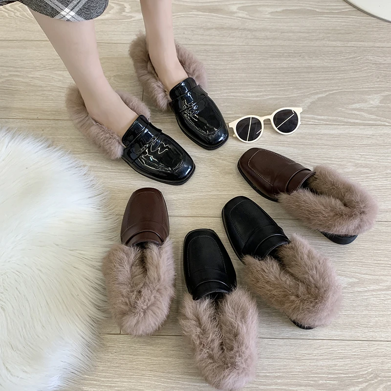 winter warm long plush small leather shoes brown/matte/patent leather square toe slip-on moccasins British student/OL work shoes
