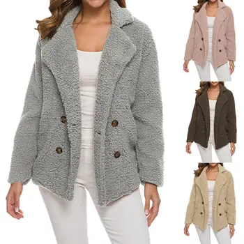

2020 Autumn Winter Women Wide Lapel Double Breasted Warm Fluffy Jacket Coat Outwear
