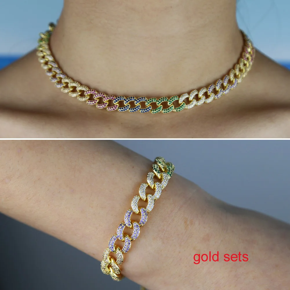 gold sets Bling Iced Out, кантри, кубинская цепочка, Радужный CZ, колье, ювелирные наборы, хип-хоп, широкий, крутой, для мужчин и женщин, ожерелье, браслет, отрегулировать - Окраска металла: gold sets