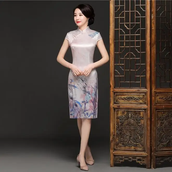 Китайский традиционный стиль Cheongsam элегантное женское платье ручной работы на пуговицах воротник стойка сексуальная длина до колена платье Размер m-xxxl - Цвет: 016