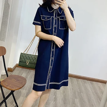 

2020 New Womens Knitted Dresses Female Short Sleeve Dress Autumn Winter Turn-down Collar Button ladies Slim Dresses with pockets