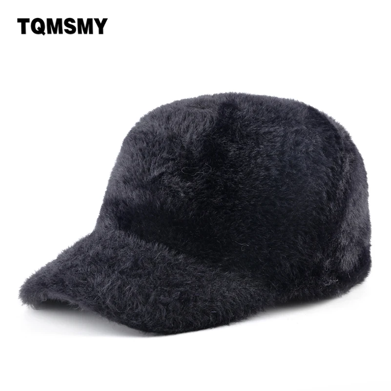 

TQMSMY Solid Color Fur Baseball Cap Women Winter Outdoor Warm Casquette Ladies Fashion Faux Fur Snapback Black Visor Caps TME101