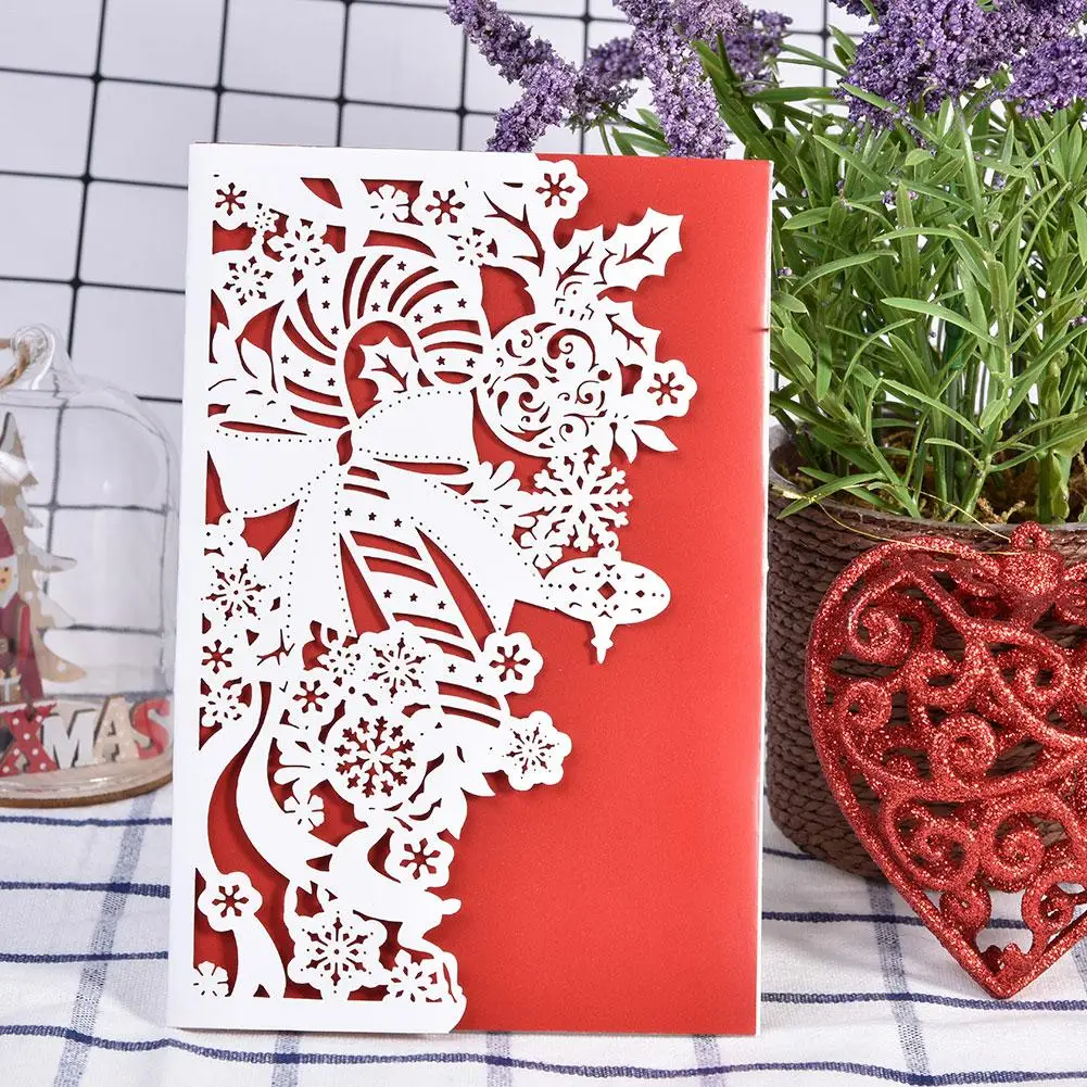  10Pcs Christmas Greeting Cards 3D Wreath Deer Laser Cut Hollow Out Invitation Card With Envelope We - 4000416709128