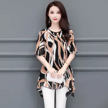 

Broken Flower Chiffon Shirt Short Sleeve Top Large women's middle-aged mother's summer dress medium long loose cover belly T-Shi