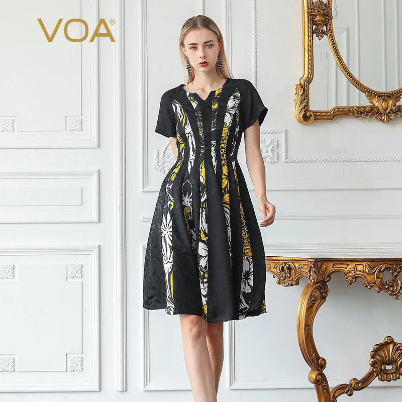 

VOA Real Silk Waist Hugging Dress Raglan Sleeve Floral Joint Mid-length Mulberry Silk Western Style Princess Dress A856