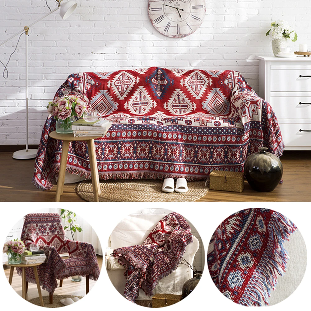 Cotton Knitted Tassel Slipcover Sofa Cover World Map Print Blanket Chair Covers 