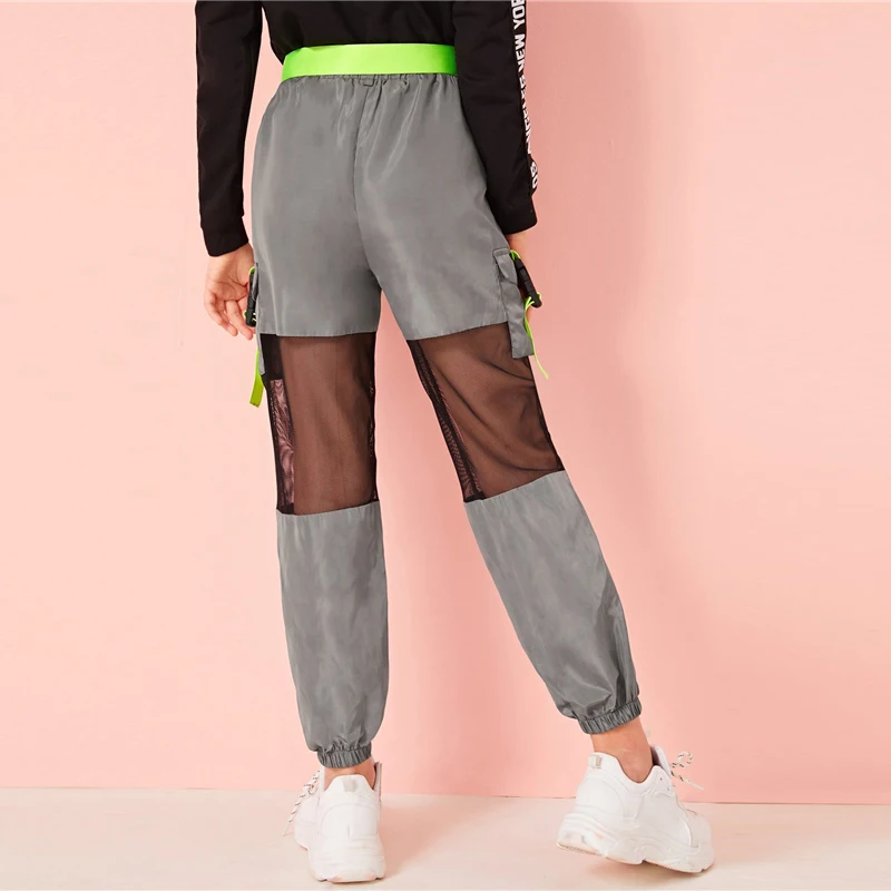 SHEIN/Детские неоновые брюки-карго с пряжкой и сетчатой вставкой, с поясом, для девочек; коллекция года; сезон осень; серые брюки с эластичным поясом и карманами по бокам