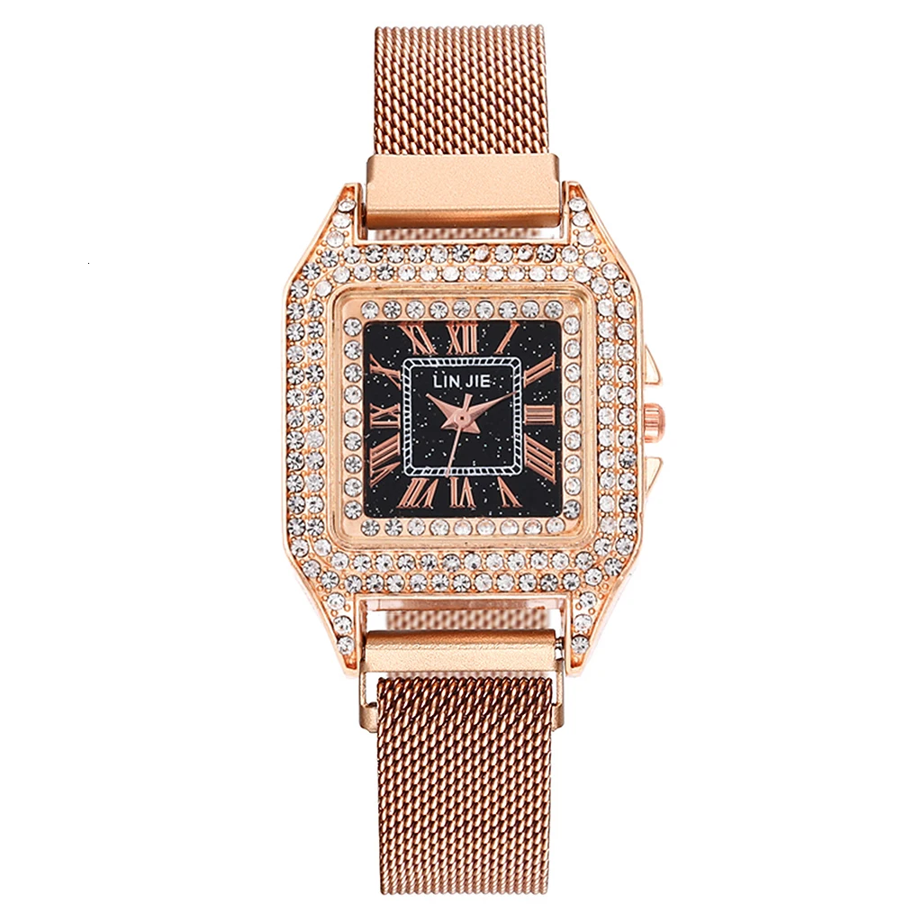 Women Magnet Buckle Square Case Shape Diamond Watch Luxury Ladies Stainless Steel Belt Quartz Watches Gift Clock