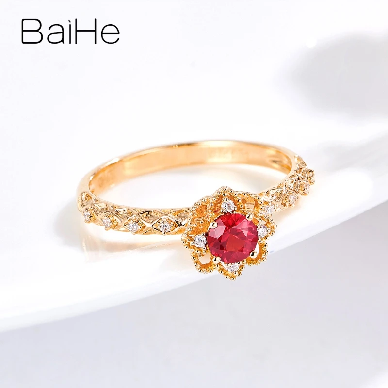 BAIHE Твердое 14 к желтое золото 0.26ct круглый натуральный рубин 0.05ct бриллианты для женщин свадебная мода ювелирные изделия цветок настроить кольцо