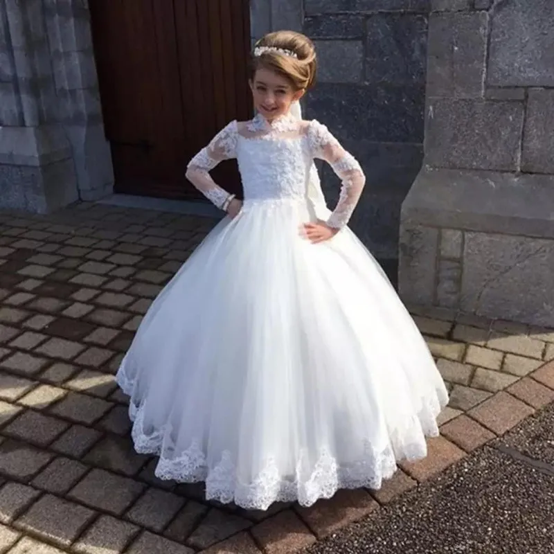 83 (1)Stylish White Ball Gown Flower Girls Dress for Wedding Party High Neck Full Sleeve Appliques Kid Holy Communion Gown Tulle Baptism Gowns