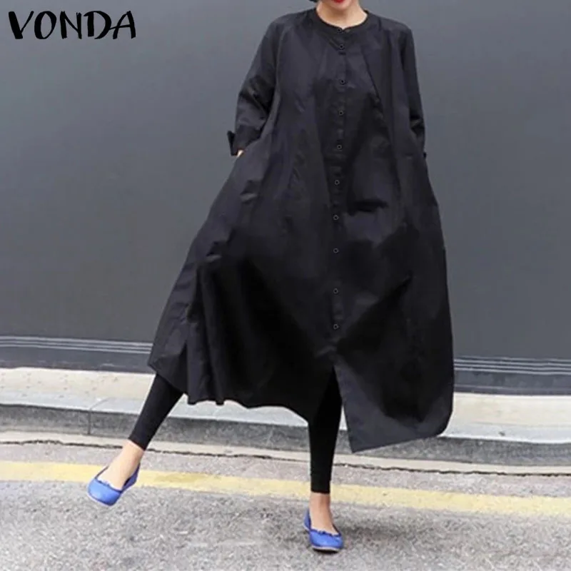 

VONDA Maternity Dress 2020 Women Casual Buttons Long Sleeve Round Neck Dresses Bohemian Vestidos Loose Pregnancy Robe Sundress