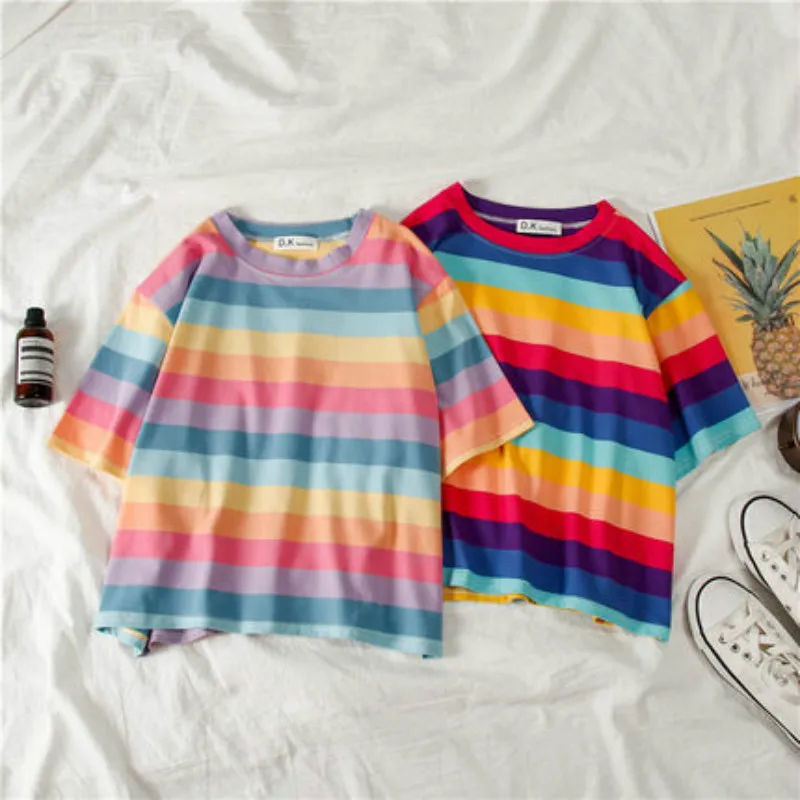 

Stripe Women Tee Shirt Short Sleeve Basic T-shirt Casual Woman Tshirts Harajuku Female Tee Tshirts Tops Fashion Womens Clothes