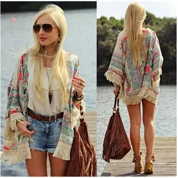

Fashion Casual Women Boho Fringe Floral Kimono Cardigan Tassels Beach Cover Up Cape Jacket hots