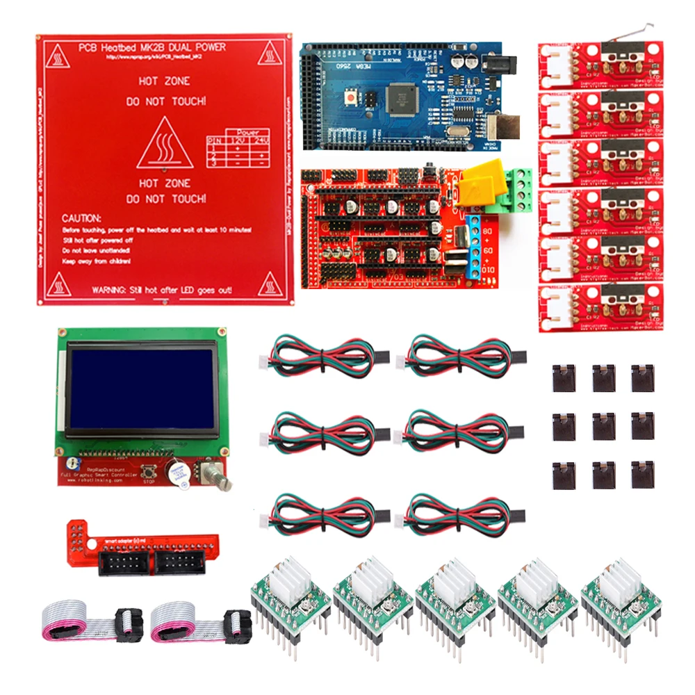 Reprap Ramps 1,4 комплект с Mega 2560 r3+ Heatbed MK2B+ 12864 lcd контроллер+ 5 шт A4988+ 6 шт механический переключатель для 3d принтера