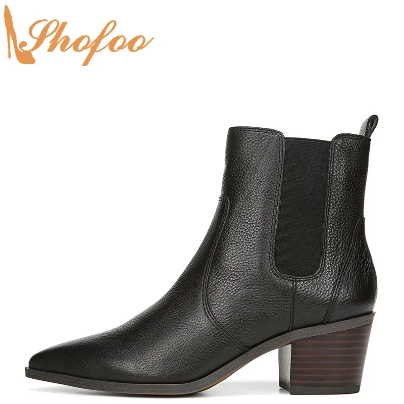 

Black Woman Ankle Chelsea Boots High Chunky Heels Pointed Toe Booties Zipper Large Size 14 16 Ladies Fashion Mature Shoes Shofoo