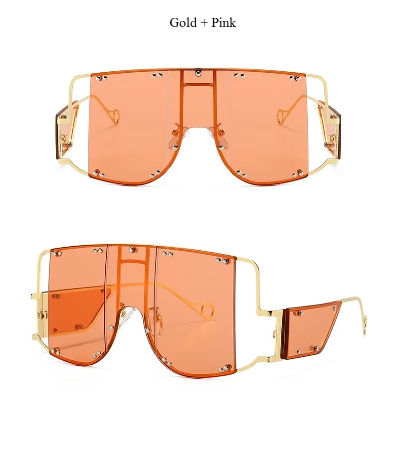gold pink Роскошный бренд, новинка, солнцезащитные очки в стиле панк для мужчин, металлические негабаритные солнцезащитные очки для женщин, красные, желтые линзы, Большая квадратная оправа, зеркальные, UV400 - Цвет линз: gold pink