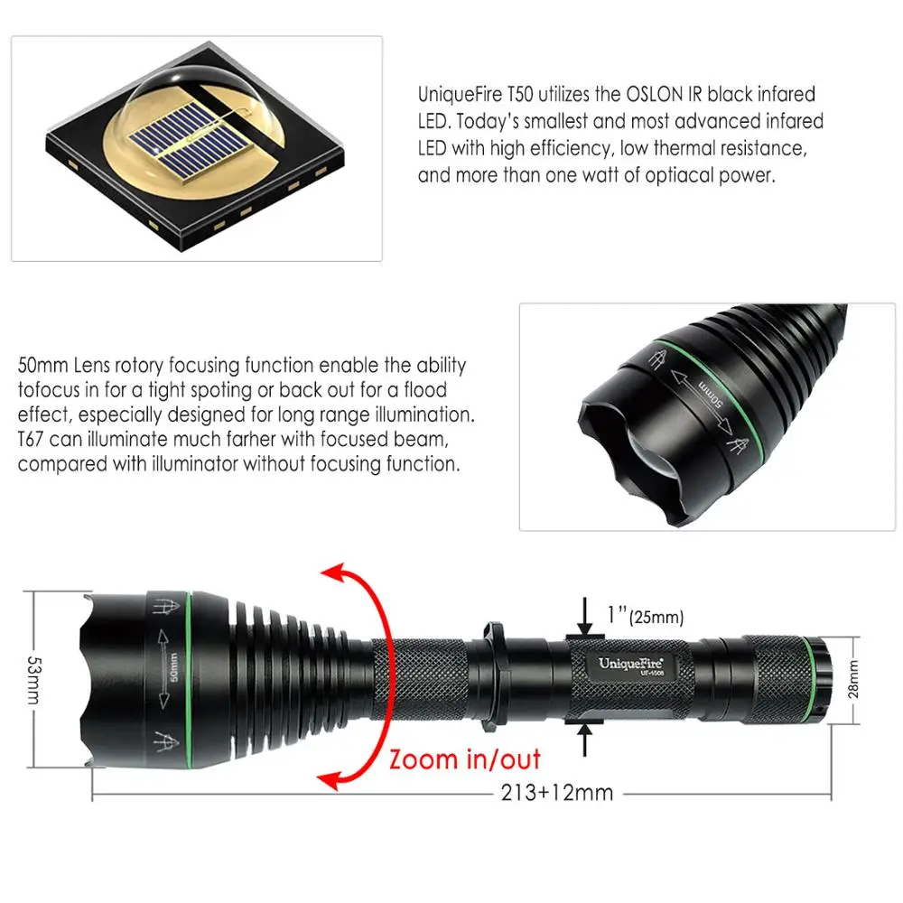 Фокусировочный фонарик UniqueFire 1508 T50, ИК-прицел ночного видения нм, светодиодная лампа, инфракрасный фонарь с головкой T67 для охоты