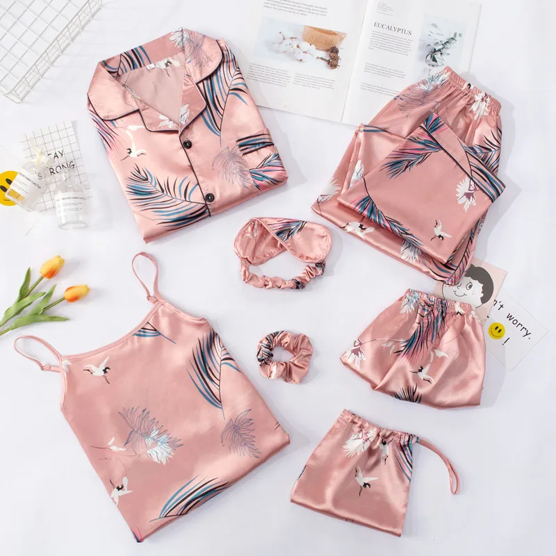 JULY'S SONG Pink 7 Pieces Women's Pajamas Sets Faux Silk Striped Pyjama Women's Pajamas Sleepwear Sets Spring Summer Homewear satin pj set Pajama Sets