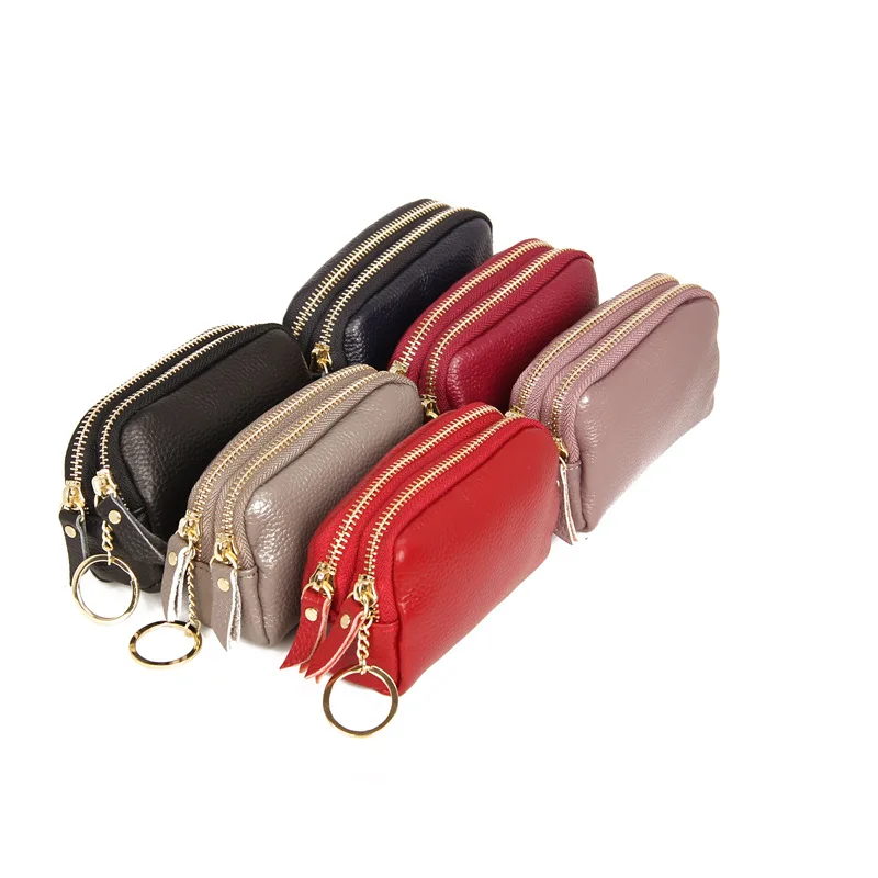 

Genuine Leather Unisex Coin Purse Double Zipper Pockets Cowhide Lichee Designer ID Credit Card Holder Key Money Wallet Handbag