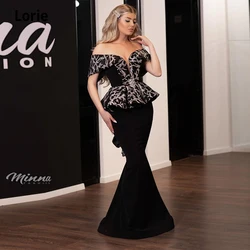 LORIE 2021 Arabic Black Evening Dresses Mermaid Off the Shoulder V-neck Lace Prom Dresses Cheap Pageant Gowns with Back Lacing