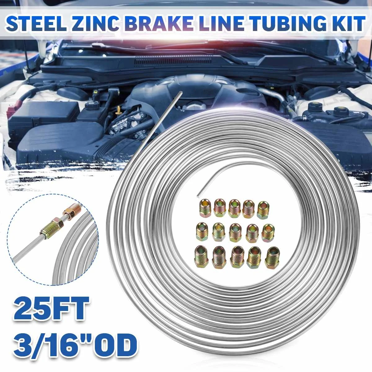 25Ft 7.62m Roll Tube Coil of 3/16''OD Copper Nickel /Zinc Brake Hose Line Tubing Pipe Rust Resistant W/ 15/16x Male Female Nuts