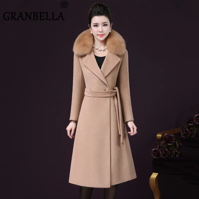 

Long widdle-aged woolen coat solid color fur collar cashmere coat warm winter casual turn-down collar outerwear with belt