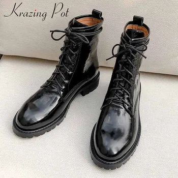 

krazing pot genuine leather boots round toe med heels casual lace up keep warm beauty lady daily wear fashion ankle boots L62