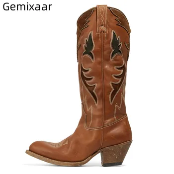 

Brown Woman Boots Retro Embroide Pattern Walking Boots Point Toe Mid Square Heel 2019 Autumn New Bottes Comfy Big Size Boots 42