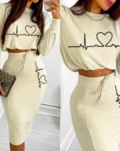 

Spring Women 2 Pieces Heart Print Crop Top & Drawstring Skirt Set 2022 Femme Pocket Design Suit Office Lady Overalls traf