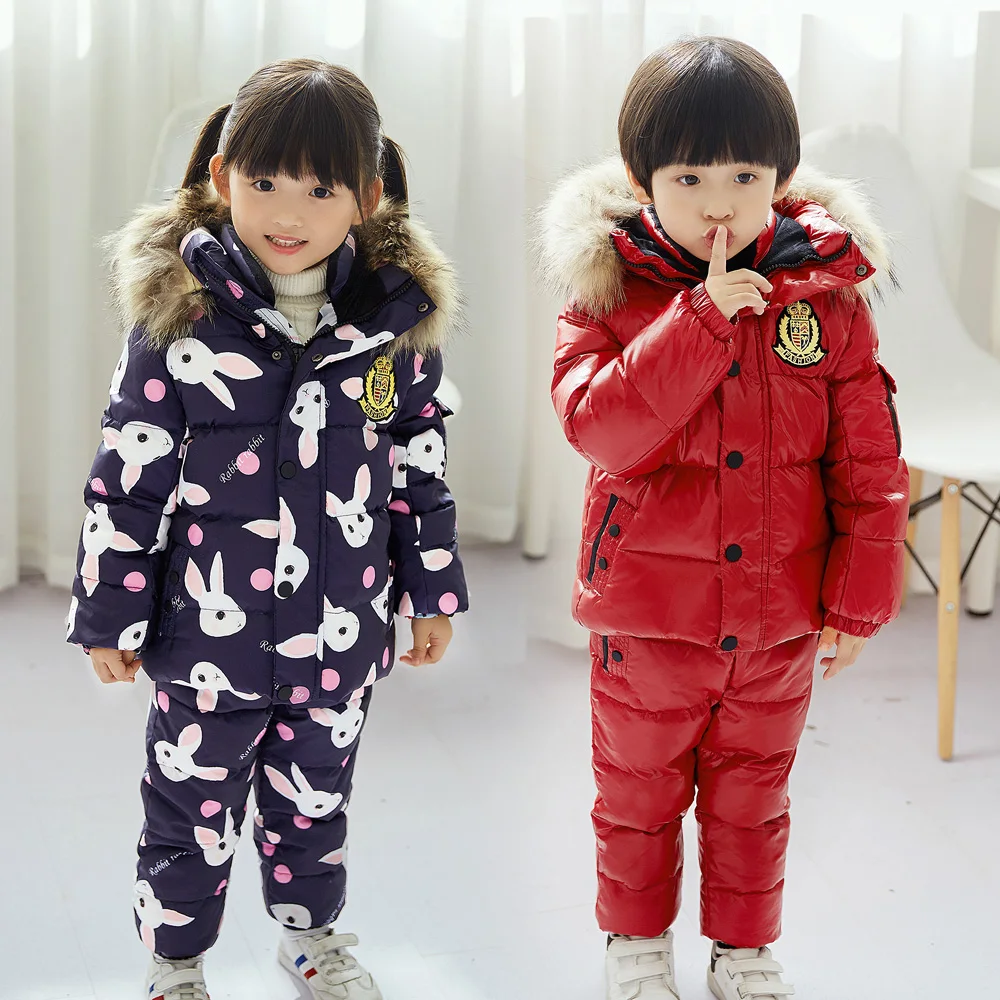 2021 Winter Warm Girls Clothing Sets Hooded Fur Down Jackets Overalls Kids Boys Snow Suits Waterproof Sport Children Outfits | Детская