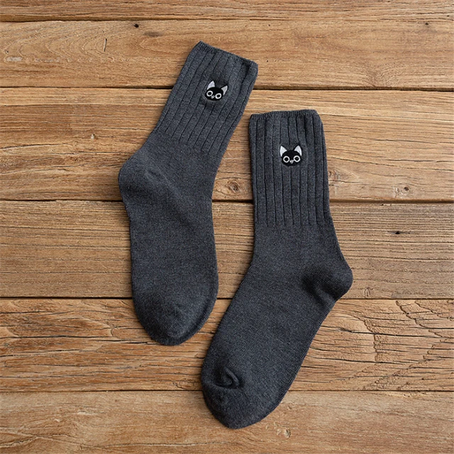 Cartoon Cat Embroidery New Cotton Short Socks Fashion Japanese Solid Color Concise Women Sock Spring Autumn Winter Cute Socks SK052-2