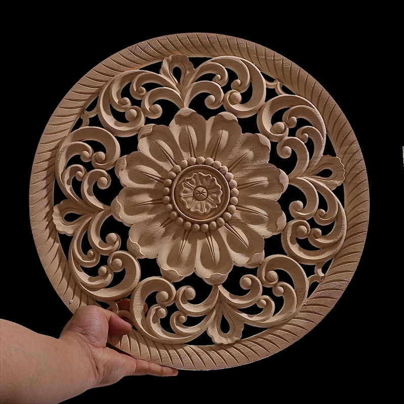 Round Wood Applique Wood Decal Mouldings Onlay Unpainted European Carving Long Floral Wooden Furniture Decoration Corner