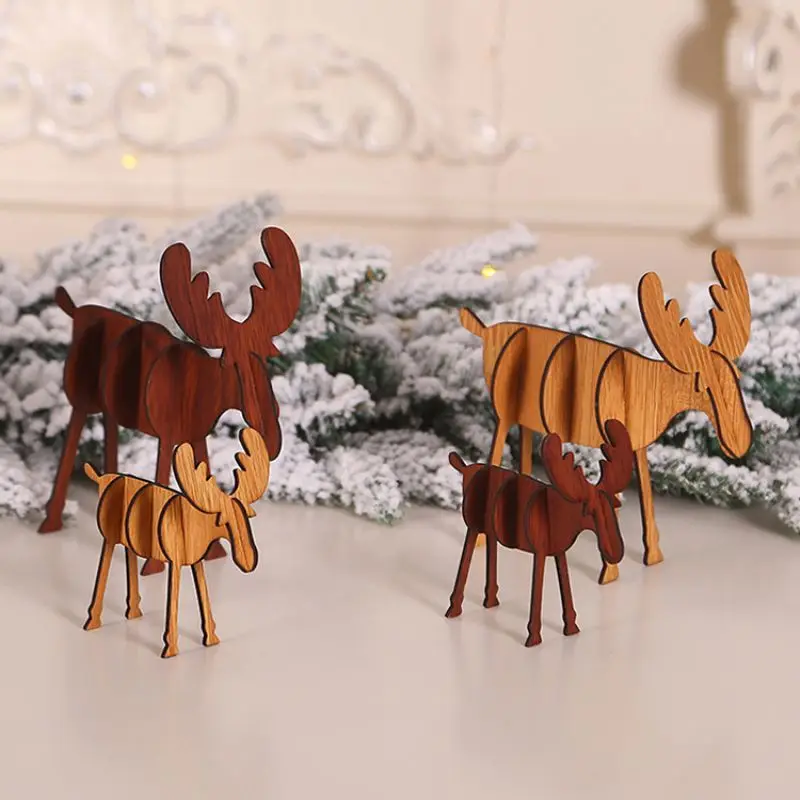 

Assembly Wooden Reindeer Christmas Decor Craft Desktop Ornaments Simulated Toy Xmas Elk Display Window Party Decor Supplies