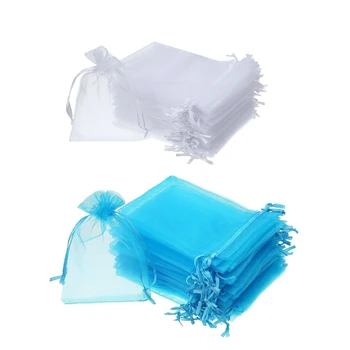 

100 Pieces 4 by 6 Inch Organza Gift Bags Drawstring Jewelry Pouches Wedding Party Favor Bags (White&Aqua Blue)