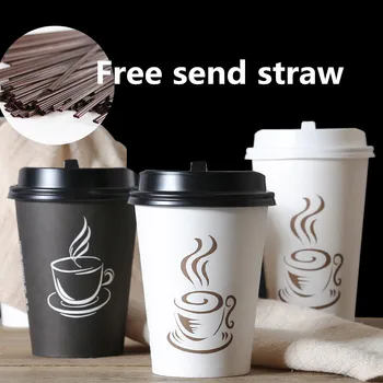 

50pcs thick disposable coffee cup 250ml 400ml 500ml white black paper cups party birthday wedding disposable cups with lid