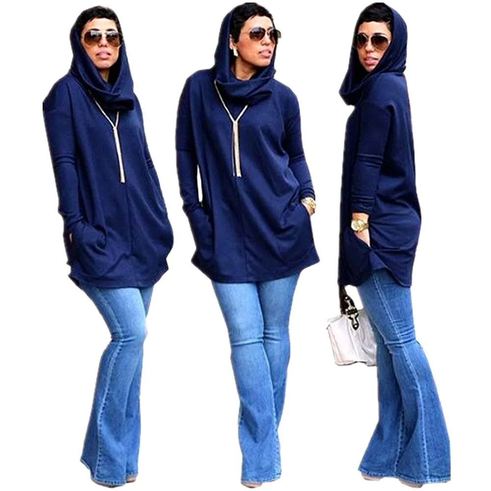 Чистый синий Модный повседневный женский худи Топ весна осень офисная уличная одежда Офисная Женская толстовка с карманом
