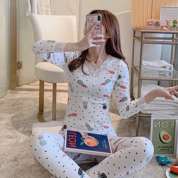 

Sexy V-neck Lace Lingerie Thermal Underwear Set for Women Autumn Long Sleeve Warm Sleepwear Suit Body Shaper Long Johns Bodysuit