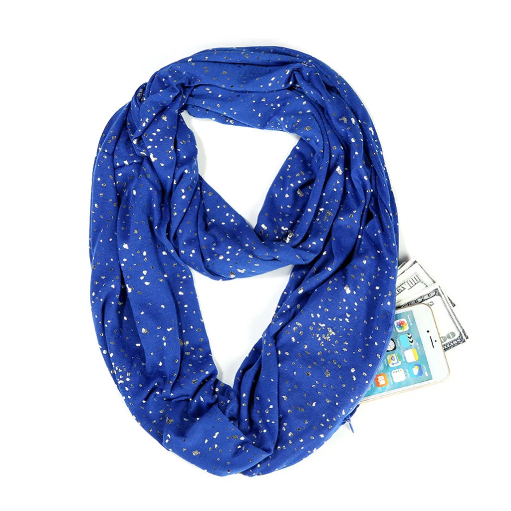 new autumn Winter Fashion Women Nice 2Circle Printing Sequins Zipper Storage Pocket Scarf Cowl Neck Long Scarf Shawl#1003