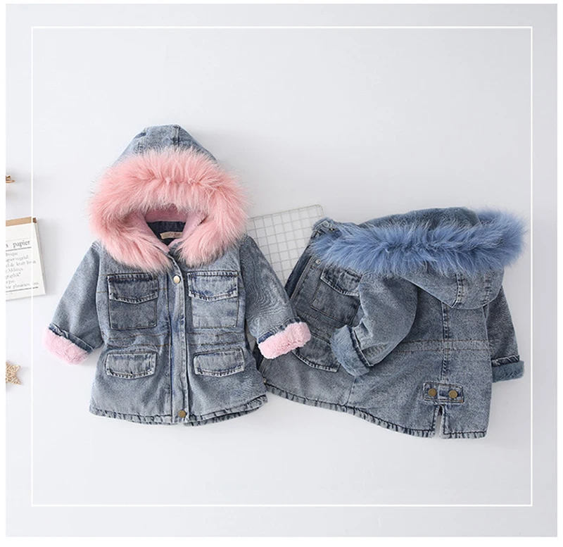 Winter Baby Girl Denim Jacket Plus Velvet Thicken Real Fur Outfit Warm Toddler Girl Hooded Outerwear Coat Kids Cold Winter Parka