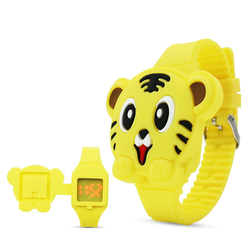 Электронные детские часы С Откидывающейся Крышкой и 3D Рисунком Тигра, электронные часы для мальчиков и девочек