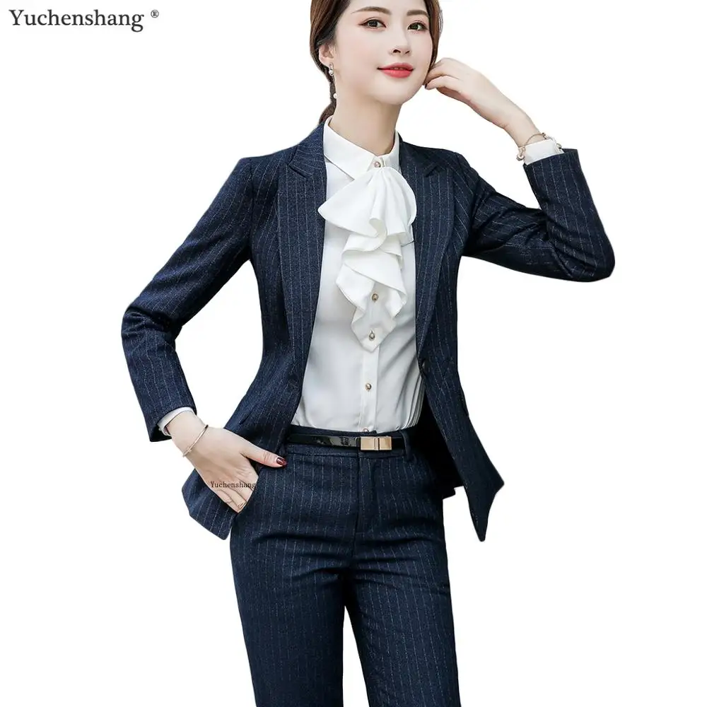 

Women Formal Pants Suit For Work Fashion New Stripe Blazer Jacket suit Women Two Piece Set Black Blue S-4XL For Office Lady