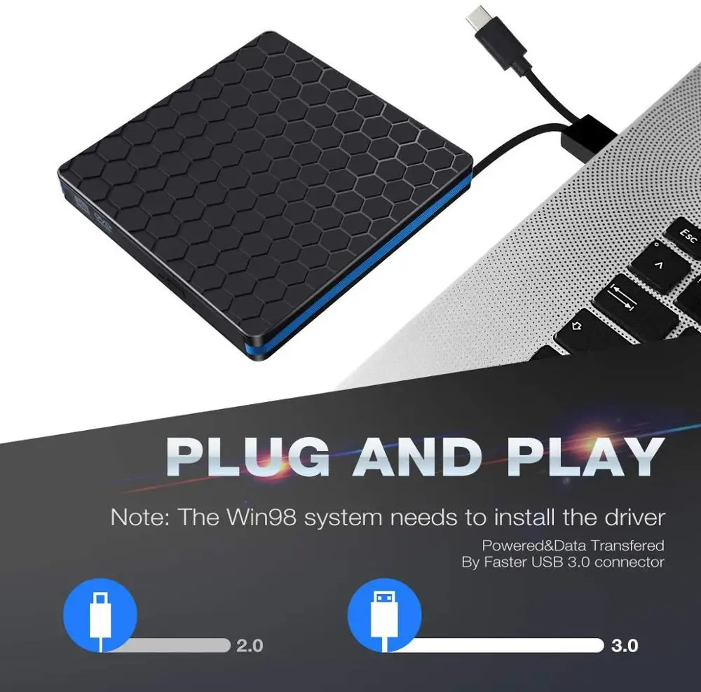 Внешний DVD привод USB 3,0 Тип C CD привод двойной порт DVD-RW плеер высокоскоростной передачи данных для ноутбук, настольный компьютер ПК