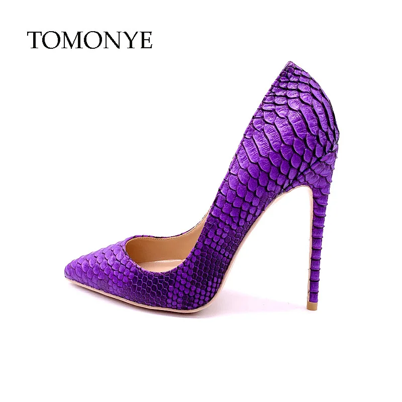 Г., стиль,, фабричная женская обувь на заказ фиолетовые туфли-лодочки на высоком каблуке 120 мм с острым носком и змеиным узором, Размер 12 10 3