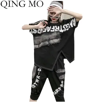 

QING MO Large Size Women Sports Set 2020 Summer Women Black Irregular T Shirt + High Waist Knee Length Pants ZQY3827
