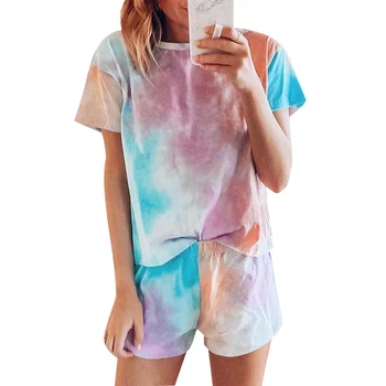

Tie Dye Print Pajamas Set Women Little Stars Print Summer Sleepwear Casual Home Clothing 2pcs Tops And Shorts Pyjama Female D30