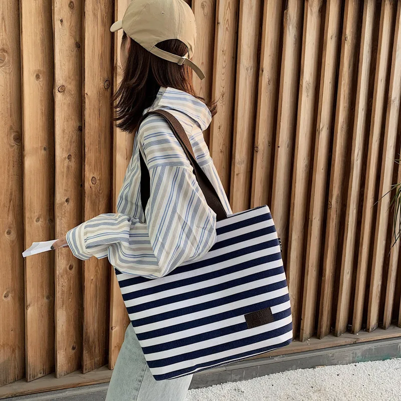 

WOMEN'S Bag Bag 2019 New Style Fashion Simple Tote Bag Handbag Stripes Canvas Bag Shoulder Bag Casual Large Bag Fashion