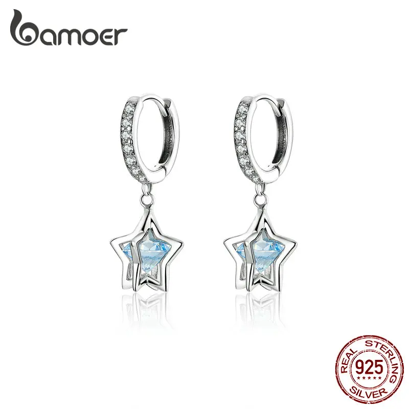 

BAMOER Daisy Dangle Earrings Solid Silver 925 Austria Crystal Star Drop Earing for Women Wedding Statement Jewelry BSE316