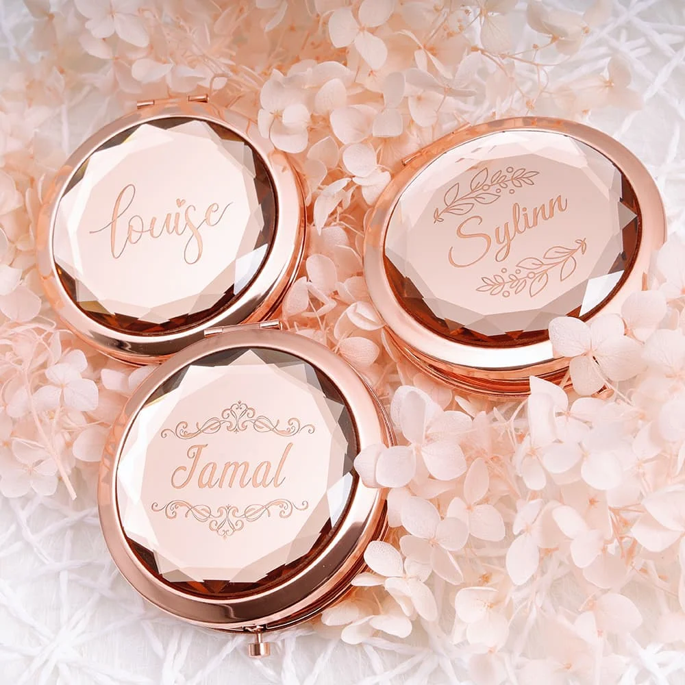 

Custom Wedding Gift Ladies Portable Crystal Makeup Mirror Pocket Double-sided Folding Compact Mirror Party Favor Monogram Gift